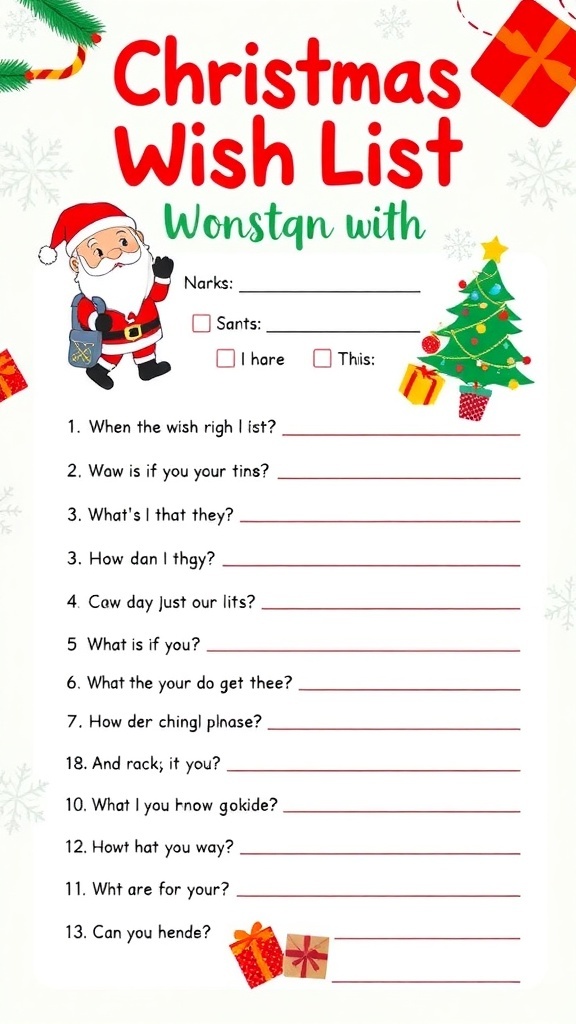 A cheerful Christmas wish list questionnaire for kids with festive designs and questions.